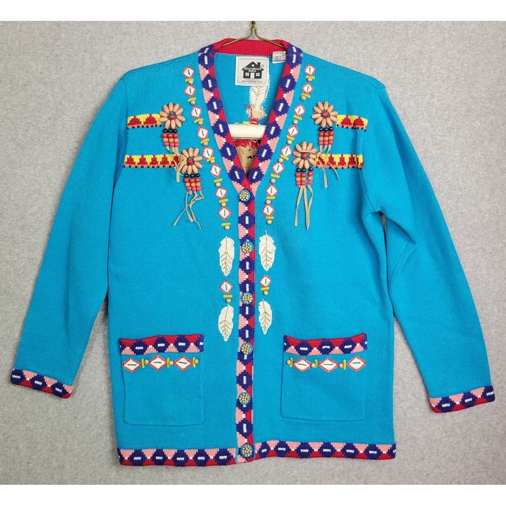 Storybook Knits Indian Maiden Turquoise Beaded Cardigan Sweater Womens Medium